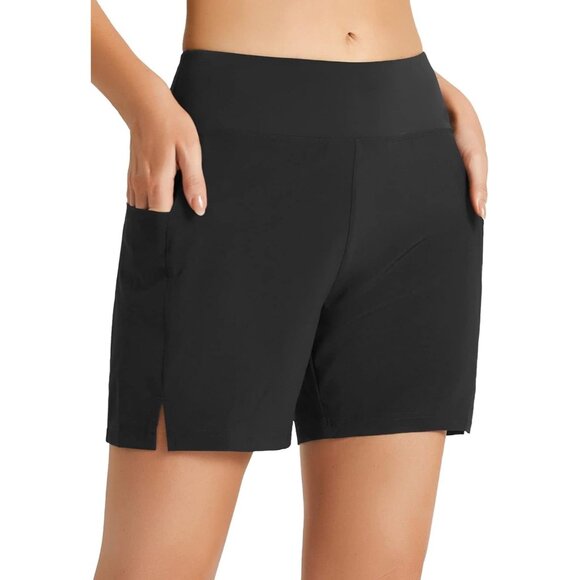 🆕Women's Black Polyester Quick Dry High Waisted Swim Board Shorts UPF 50+ Liner - Picture 1 of 7